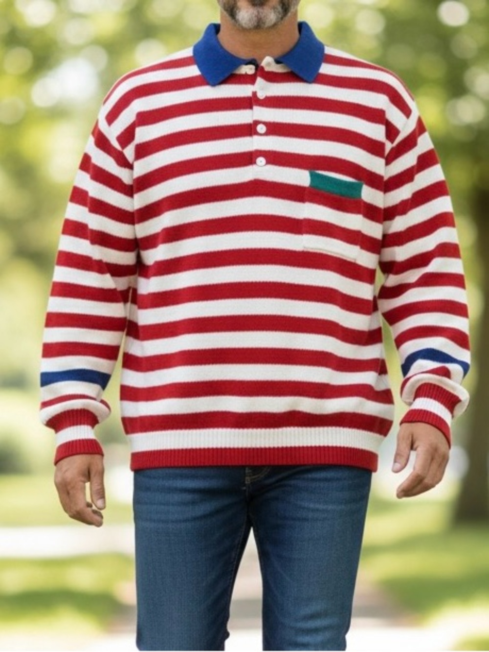 Vtg 80’s Pringle of Scotland Knit Polo Sweater Red White Stripe Retro Preppy XL